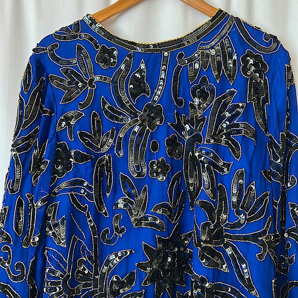 Stenay Beautiful Royal Blue Beaded and Sequined 💯% Silk Top Shirt **Size 1X** - Picture 3 of 5